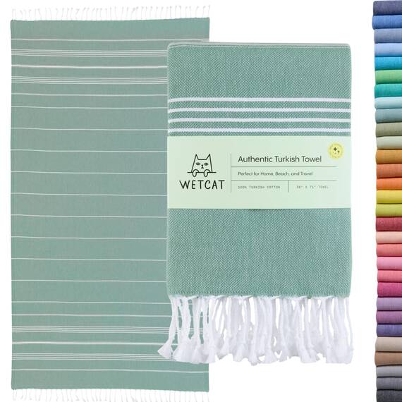 WETCAT Vorgewaschenes Super weiches türkisches Handtuch, 100% Baumwolle, Stranddecke, Pestemal, Fouta, Überwurf – für Bad, Strand, Pool, Picknick, Yoga, Reisen, 94 x 178 cm – Katze Katze Basic Teal