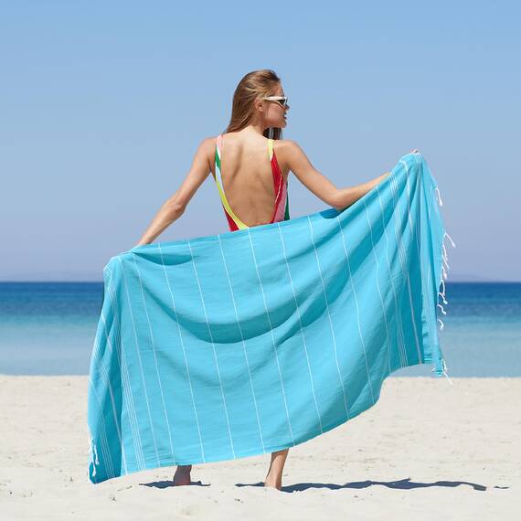 WETCAT Türkisches Strandtuch, Übergröße, 96.5x180.9 cm, 100% Baumwolle, sandfrei, schnell trocknend, extra groß, türkisches Handtuch, leichtes Reisehandtuch für Erwachsene, Strandzubehör, Türkis
