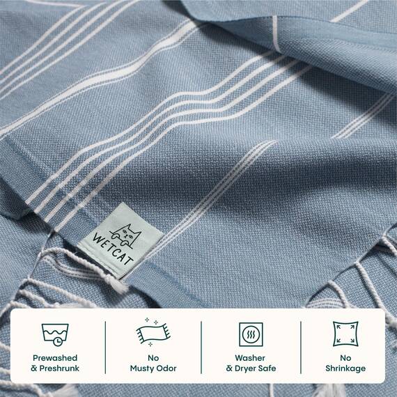 WETCAT Vorgewaschenes Super weiches türkisches Handtuch, 100% Baumwolle, Stranddecke, Pestemal, Fouta, Überwurf – für Bad, Strand, Pool, Picknick, Reisen, 94 x 178 cm – Katze Katze Basic Denim Blue