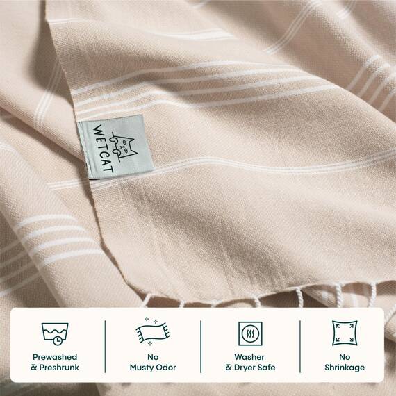 WETCAT Vorgewaschenes Super weiches türkisches Handtuch, 100% Baumwolle, Stranddecke, Pestemal, Fouta, Überwurf – für Bad, Strand, Pool, Picknick, Yoga, Reisen, 94 x 178 cm – Katze Katze Basic Beige