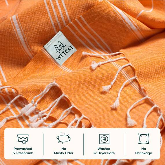 WETCAT Türkisches Strandtuch, 100% Baumwolle, sandfrei, schnell trocknend, extra groß, leicht, Reisehandtuch für Erwachsene, Strandzubehör, Geschenk (Orange, 96,5 x 180,3 cm)