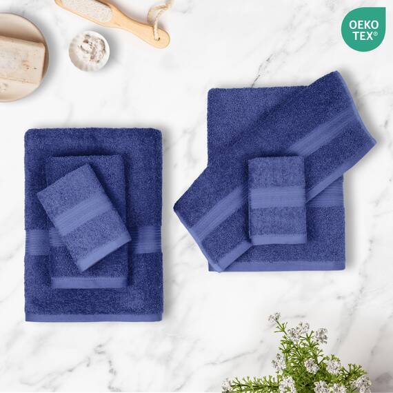 Amazon Basics 6-teiliges set bleichbeständiges Baumwoll-Badehandtuch-Set - marineblau, 137,2 x 76,2 cm, 66,0 x 40,6 cm, 30,5 x 30,5 cm