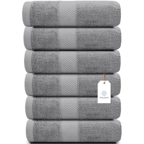 Weiße klassische luxuriöse hellgraue Handtücher – weiche 100 % türkische Baumwolle | Hochabsorbierende Hotel Spa Badezimmer Handtuchhalter Sammlung | 40 x 76 cm | 6 set