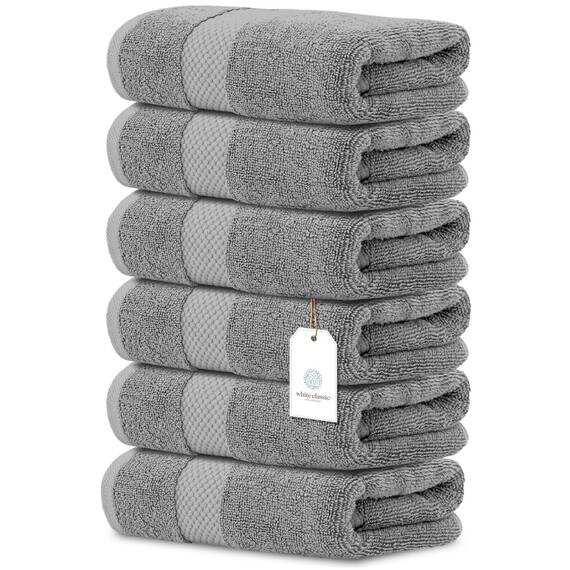 Weiße klassische luxuriöse hellgraue Handtücher – weiche 100 % türkische Baumwolle | Hochabsorbierende Hotel Spa Badezimmer Handtuchhalter Sammlung | 40 x 76 cm | 6 set