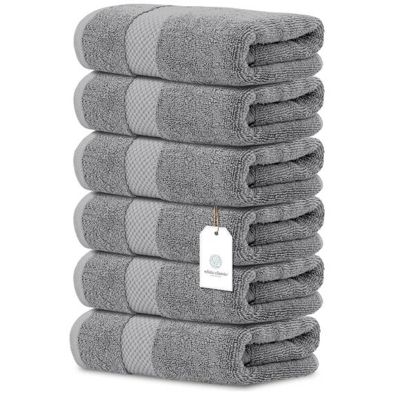 Weiße klassische luxuriöse hellgraue Handtücher – weiche 100 % türkische Baumwolle | Hochabsorbierende Hotel Spa Badezimmer Handtuchhalter Sammlung | 40 x 76 cm | 6 set