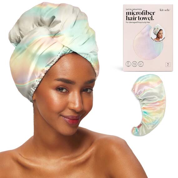 Kitsch Satin-umwickeltes Mikrofaser-Haarhandtuch – schnell trocknend, lockiges Haar für Damen, nasses Haar, Mikrofaser-Handtuch für Haare, Haartrockner-Handtuch, Haartücher für Damen, Haarturban für