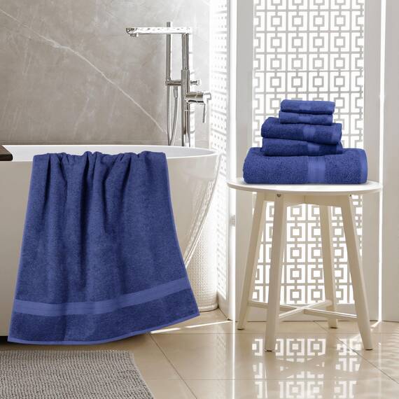 Amazon Basics 6-teiliges set bleichbeständiges Baumwoll-Badehandtuch-Set - marineblau, 137,2 x 76,2 cm, 66,0 x 40,6 cm, 30,5 x 30,5 cm
