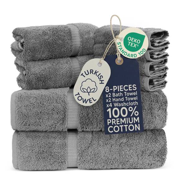 Towel Bazaar Luxus Spa und Hotel Qualität Premium türkisches 8-teiliges Handtuch-Set (2 x Badetücher, 2 x Handtücher, 4 x Waschlappen, grau)