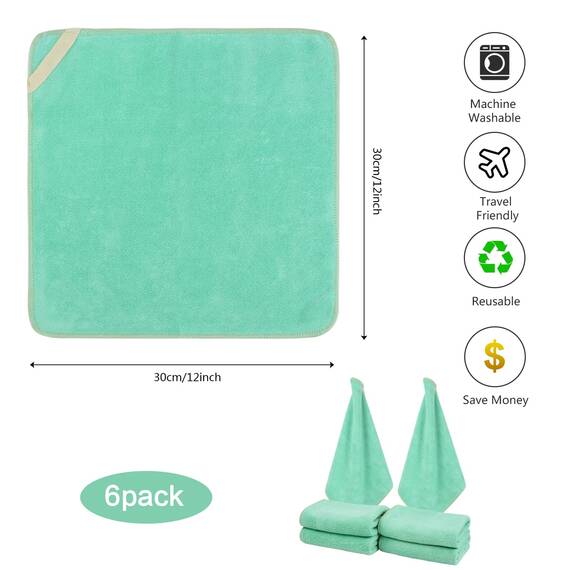 SINLAND 6 Stück Mikrofaser Gesichtstücher Waschbar Abschminktücher schnell trocknend Waschlappen saugfähig Gesichtsreinigungstücher weiches Make up Entferner Tücher 30 x 30 cm Grün