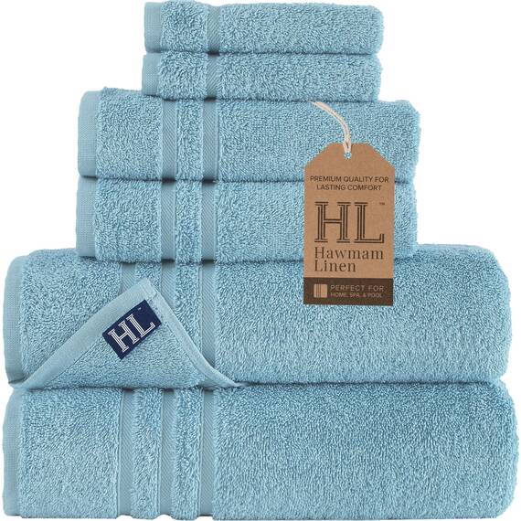 Hawmam Linen Hellblau 6-teiliges Badetuch-Set für Badezimmer, Originale türkische Baumwolle, weich, saugfähig und hochwertig, 2 Badetücher, 2 Handtücher, 2 Waschlappen