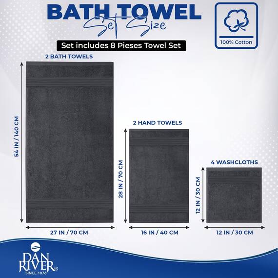 DAN RIVER Handtuch-Set, 100 % ringgesponnene Baumwolle, 8-teilig, Anthrazit, 2 Badetücher, 2 Handtücher und 4 Waschlappen, 550 g/m², weich und saugfähig, für Badezimmer, Spa und Fitnessstudio