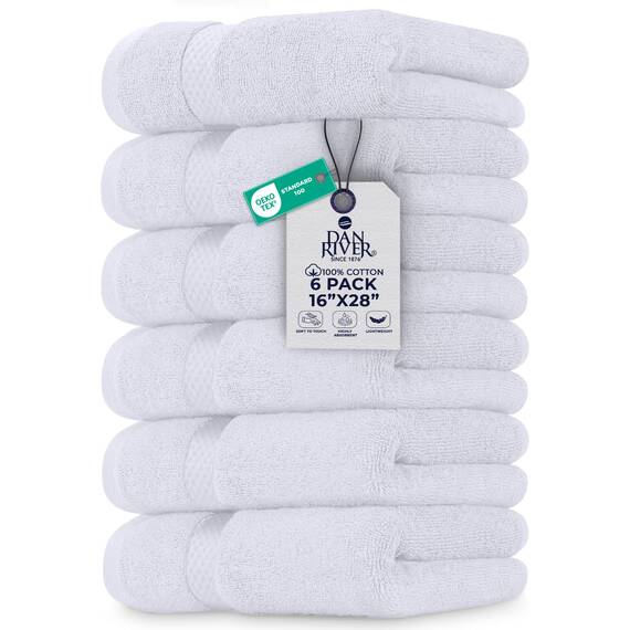 Dan River 6er-Pack Premium-Handtücher (40,6 x 71,1 cm) – 100% Baumwolle, ultraweich, leicht, sehr saugfähige Handtücher für Badezimmer, Spa, Fitnessstudio, Salon, Hotel und Reisen – 550 g/m² – Weiß