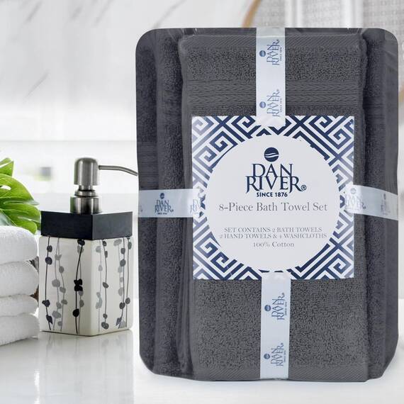 DAN RIVER Handtuch-Set, 100 % ringgesponnene Baumwolle, 8-teilig, Anthrazit, 2 Badetücher, 2 Handtücher und 4 Waschlappen, 550 g/m², weich und saugfähig, für Badezimmer, Spa und Fitnessstudio