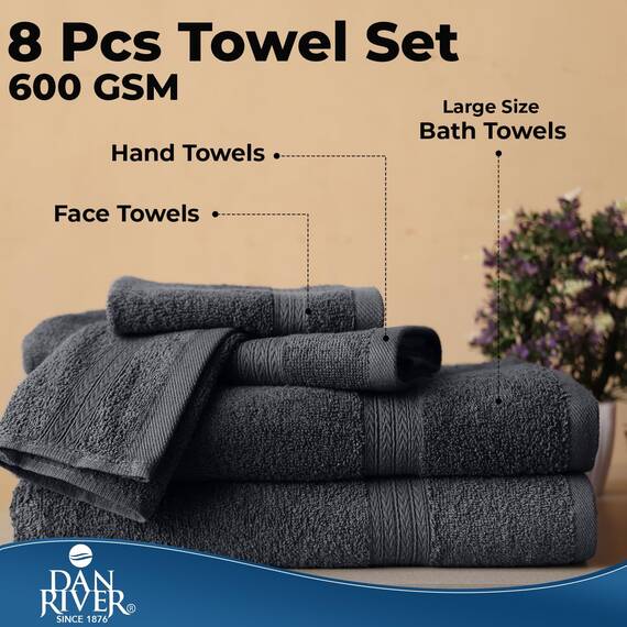 DAN RIVER Handtuch-Set, 100 % ringgesponnene Baumwolle, 8-teilig, Anthrazit, 2 Badetücher, 2 Handtücher und 4 Waschlappen, 550 g/m², weich und saugfähig, für Badezimmer, Spa und Fitnessstudio