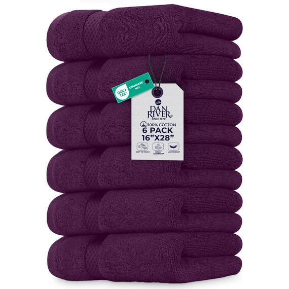Dan River 6er-Pack Premium-Handtücher (40,6 x 71,1 cm) – 100% Baumwolle, ultraweich, leicht, sehr saugfähige Handtücher für Badezimmer, Spa, Fitnessstudio, Salon, Hotel und Reisen – 550 g/m² – Purple