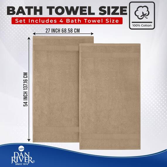 DAN RIVER Badetuch-Set, 100 % Baumwolle, weich, groß, Badetuch, sehr saugfähig, für den täglichen Gebrauch, ideal für Pool, Zuhause, Fitnessstudio, Spa, Hotel, Hellbraun, 68.6 x 137.2 cm, 600 g/m²