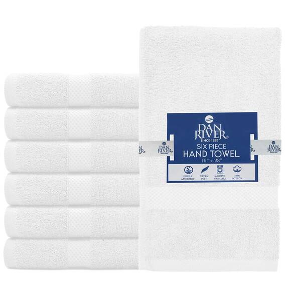 Dan River 6er-Pack Premium-Handtücher (40,6 x 71,1 cm) – 100% Baumwolle, ultraweich, leicht, sehr saugfähige Handtücher für Badezimmer, Spa, Fitnessstudio, Salon, Hotel und Reisen – 550 g/m² – Weiß