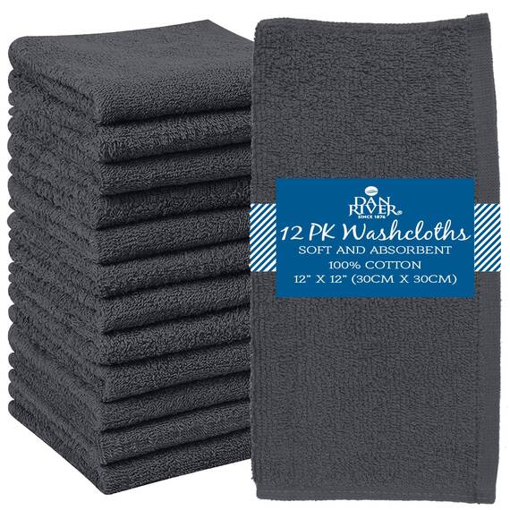 Dan River Waschlappen – 12 Stück, 30,5 x 30,5 cm, 400 g/m², Anthrazit, 100% Baumwolle, weiche und sehr saugfähige Waschlappen für Gesicht und Körper, perfekt für Badezimmer, Make-up-Entfernung und