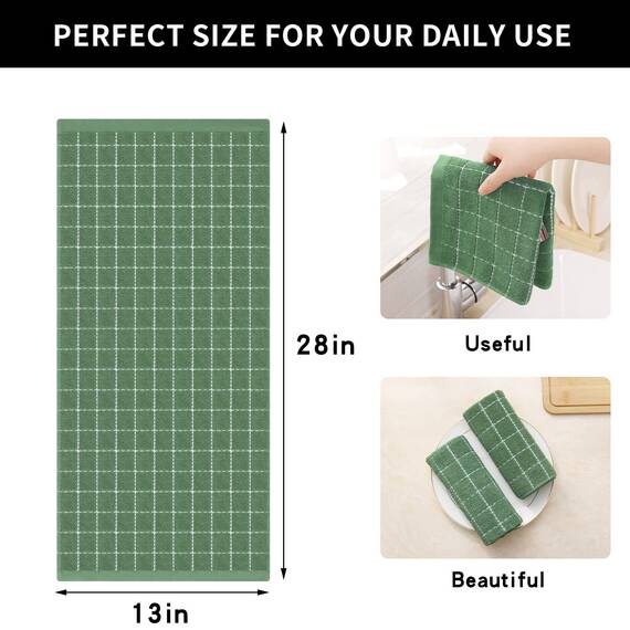 Homaxy Küchentücher aus 100% Baumwolle, Frottee, Grasgrün, 33 x 71,1 cm, Kariertes Design, weich und super saugfähig, 4 Stück