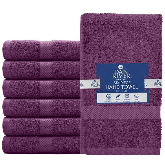 Dan River 6er-Pack Premium-Handtücher (40,6 x 71,1 cm) – 100% Baumwolle, ultraweich, leicht, sehr saugfähige Handtücher für Badezimmer, Spa, Fitnessstudio, Salon, Hotel und Reisen – 550 g/m² – Purple