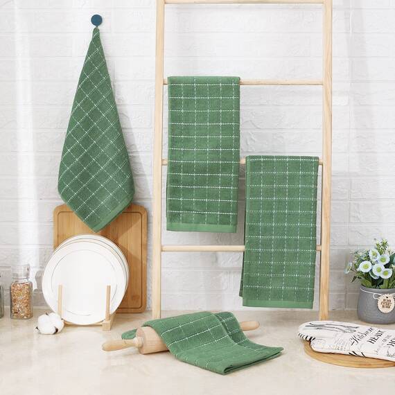 Homaxy Küchentücher aus 100% Baumwolle, Frottee, Grasgrün, 33 x 71,1 cm, Kariertes Design, weich und super saugfähig, 4 Stück