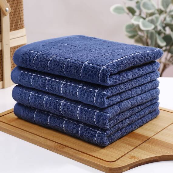 Homaxy Küchentücher, 100% Baumwolle, Frottee, Marineblau, 33 x 71 cm, Kariertes Design, weiche und super saugfähige Geschirrtücher, 4 Stück