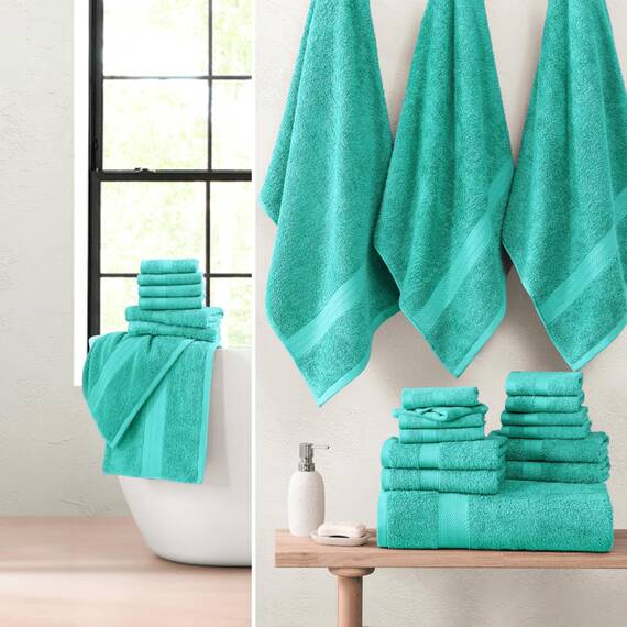 LANE LINEN 24 Stück Handtücher für Badezimmer – 100% Baumwolle, übergroße Badetücher, schnell trocknende Spa-Handtücher, 2 extra große Badetücher, 8 Waschlappen, 4 Fingerspitzen-Handtücher – Blaugrün