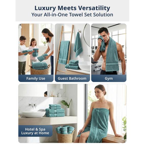 LANE LINEN Luxuriöses Badetuch-Set – 100% Baumwolle, Zero Twist, schnell trocknende Duschtücher, extra saugfähiges Badetuch, super weich, 6 Badetücher, 6 Waschlappen, Blaugrün (8 Stück)