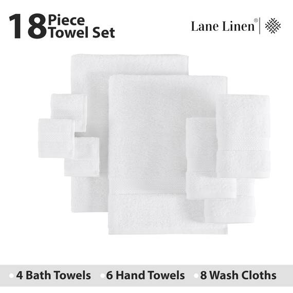 LANE LINEN 18-teiliges Badetuch-Set, 100 % Baumwolle, weiß, 4 Badetücher, 6 Handtücher, 8 Waschlappen, weich, saugfähig, Hotelqualität, für Badezimmer und Gäste