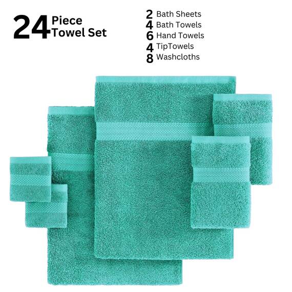 LANE LINEN 24 Stück Handtücher für Badezimmer – 100% Baumwolle, übergroße Badetücher, schnell trocknende Spa-Handtücher, 2 extra große Badetücher, 8 Waschlappen, 4 Fingerspitzen-Handtücher – Blaugrün