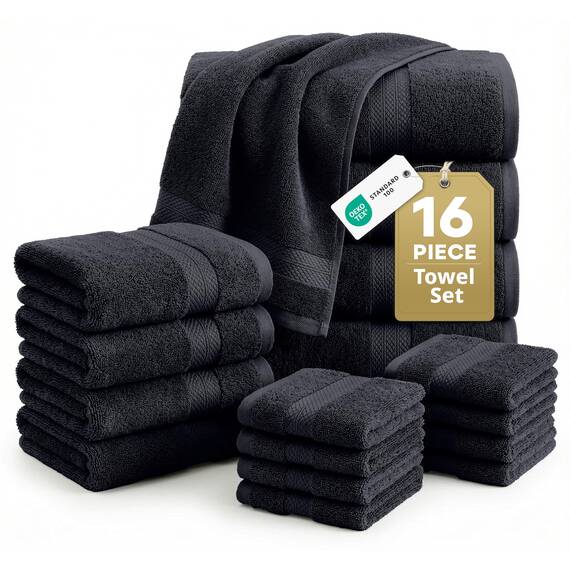 LANE LINEN 16-teiliges Badetuch-Set – Schwarze Handtücher – 100% Baumwolle, Luxus-Badetücher, sehr saugfähig