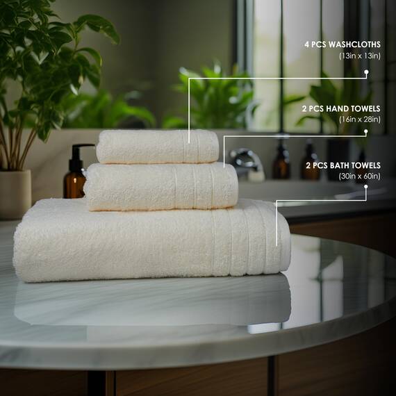Tens Towels Badetücher Set, 2 extra große Badetücher, 2 Handtücher, 4 Waschlappen, 100% Baumwolle, schnell trocknend, Badhandtücher Set für den täglichen Gebrauch (8er-Set) Elfenbein