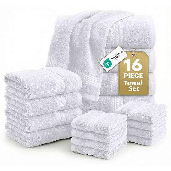 LANE LINEN 16-teiliges Badetücher-Set,Weiße Badetücher, 100% Baumwolle Handtücher für Badezimmer, Luxus-Badetücher, stark saugfähige Duschtücher, 4 Handtücher und 8 Waschlappen,Weiße Handtücher wels