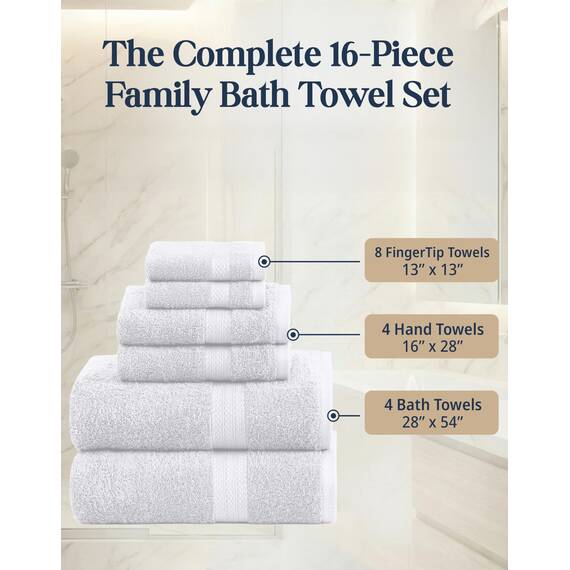 LANE LINEN 16-teiliges Badetücher-Set,Weiße Badetücher, 100% Baumwolle Handtücher für Badezimmer, Luxus-Badetücher, stark saugfähige Duschtücher, 4 Handtücher und 8 Waschlappen,Weiße Handtücher wels