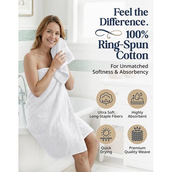 LANE LINEN 16-teiliges Badetücher-Set,Weiße Badetücher, 100% Baumwolle Handtücher für Badezimmer, Luxus-Badetücher, stark saugfähige Duschtücher, 4 Handtücher und 8 Waschlappen,Weiße Handtücher wels
