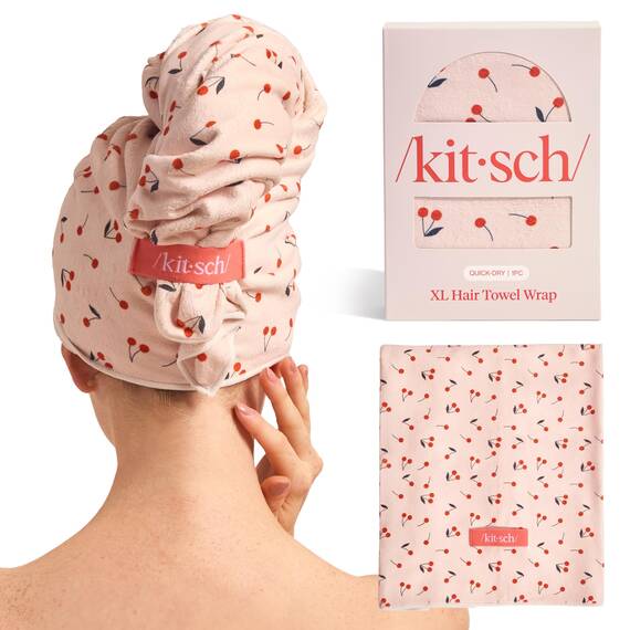 Kitsch XL Mikrofaser-Haartuch für Damen – Ultra saugfähiges Mikrofasertuch für nasses, lockiges, langes oder kurzes Haar – Schnelltrocknendes, Anti-Frizz-Haartuch – Kirschdruck, 40 x 24 Zoll