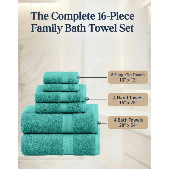 16-teiliges Badetücher – 100% Baumwolle Handtücher für Badezimmer, Premium-Qualität Hotel Handtücher, hoch saugfähiges Badezimmer Handtuch-Set, 4 Badetücher, 4 Handtücher und 8 Waschlappen – Blaugrün