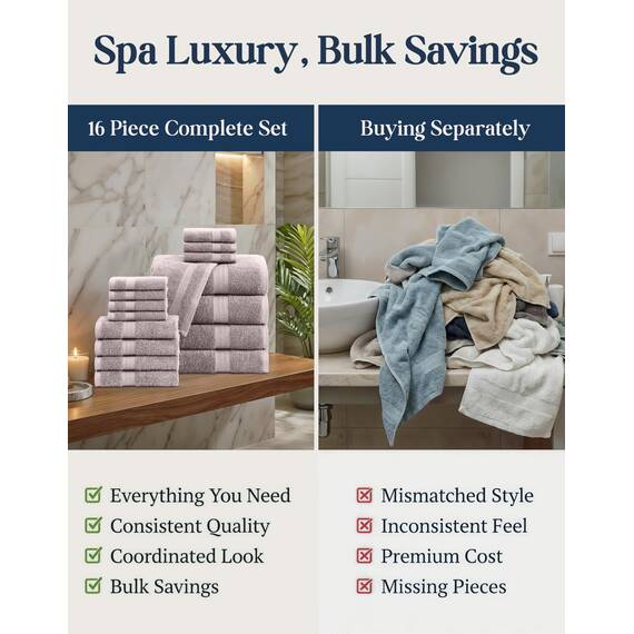 16-teiliges Handtuch-Set, 100 % Baumwolle, Handtücher, Badetücher, Sets für Badezimmer, Hotel-Handtücher, schnell trocknend, sehr saugfähig, 4 Badetücher, 4 Handtücher und 8 Waschlappen – Platin