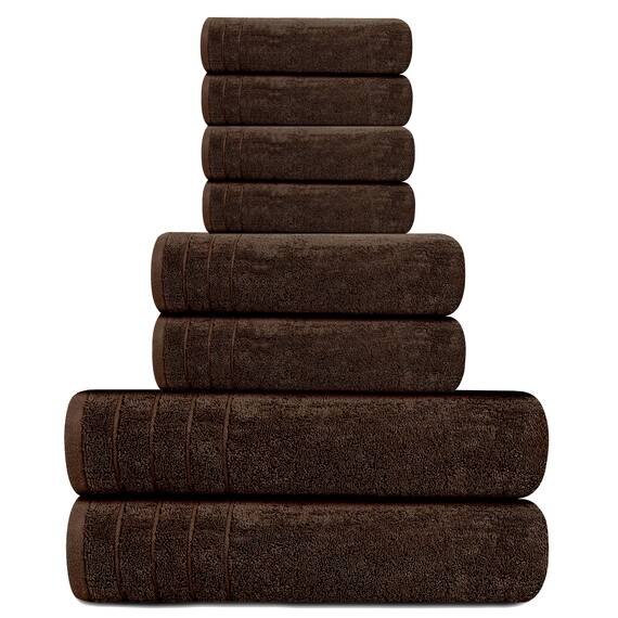 Tens Towels Handtuch-Set, 8 Stück, 2 extra große Badewanne, 2 Hand, 4 Waschlappen, 100 % Baumwolle, leichteres Gewicht, schneller zu trocknen, super saugfähig, perfekt für Badezimmer, Braun