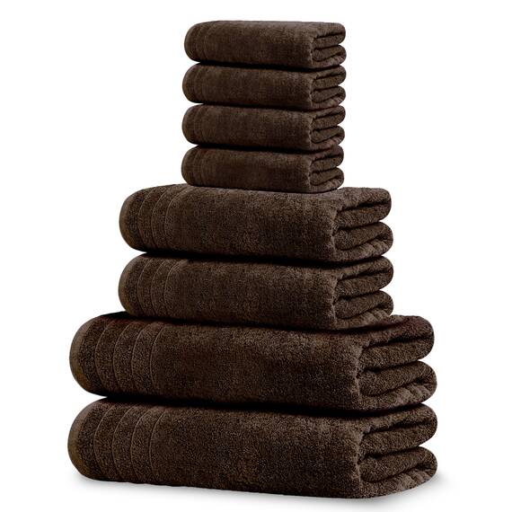 Tens Towels Handtuch-Set, 8 Stück, 2 extra große Badewanne, 2 Hand, 4 Waschlappen, 100 % Baumwolle, leichteres Gewicht, schneller zu trocknen, super saugfähig, perfekt für Badezimmer, Braun