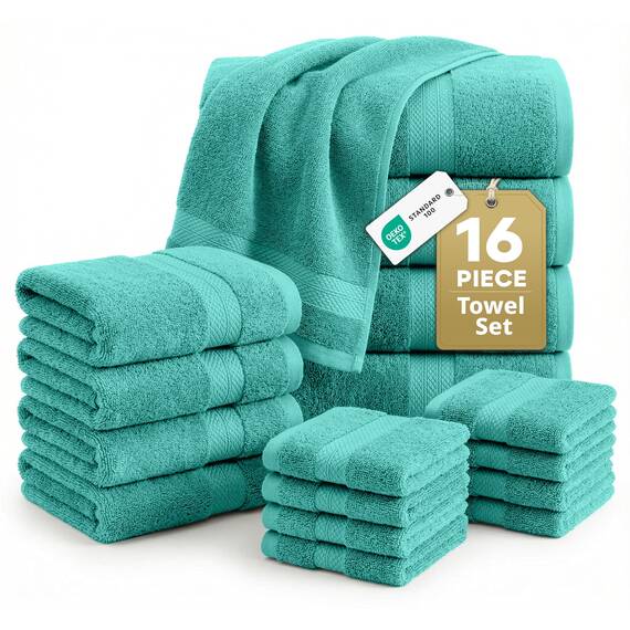 16-teiliges Badetücher – 100% Baumwolle Handtücher für Badezimmer, Premium-Qualität Hotel Handtücher, hoch saugfähiges Badezimmer Handtuch-Set, 4 Badetücher, 4 Handtücher und 8 Waschlappen – Blaugrün