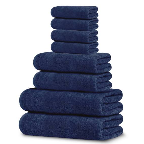 Tens Towels 8er-Set: 2 große Badetücher, 2 Handtücher, 4 Waschlappen, 100% Baumwolle, schnell trocknend, Marineblau