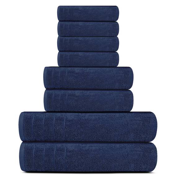 Tens Towels 8er-Set: 2 große Badetücher, 2 Handtücher, 4 Waschlappen, 100% Baumwolle, schnell trocknend, Marineblau