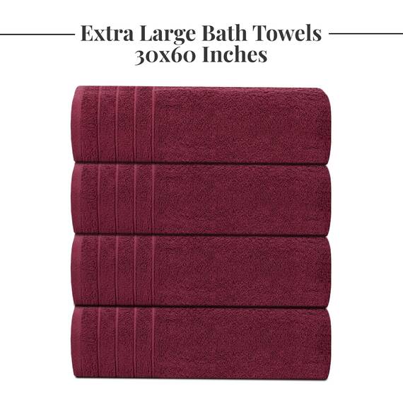Tens Towels Extra große Badetücher, 76,2 x 152,4 cm, 100% Baumwolle, größeres und leichteres Gewicht, schnelles trocknen, super weich und saugfähig, perfekt für Badezimmer, 4 Stück, Burgunderrot