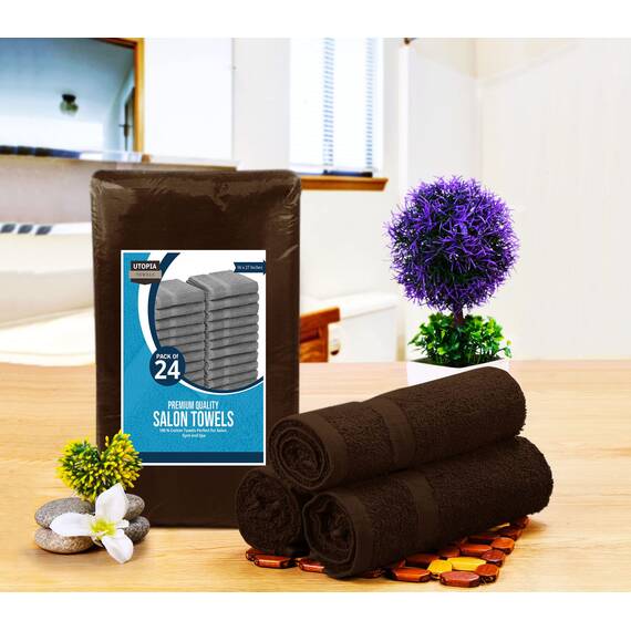 Utopia Towels Dark Brown Salon Towels, Pack of 24 (Not Bleach Proof, 16 x 27 Inches) Highly Absorbent Towels for Hand, Gym, Beauty, Hair, Spa, and Home Hair Care