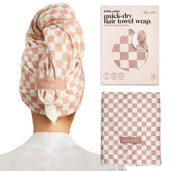 Kitsch XL Mikrofaser-Haartuch für Damen – Ultra saugfähiges Mikrofasertuch für nasses, lockiges, langes oder kurzes Haar – Schnelltrocknendes, Anti-Frizz-Haartuch – Terrakotta-Kariert, 40 x 24 Zoll