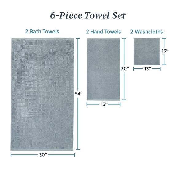 Welhome Franklin 100% Cotton Textured Towel (Dusty Blue) - Set of 6 - Highly Absorbent - Combed Cotton - Durable - Low Lint - 600 GSM - Machine Washable : 2 Bath Towels - 2 Hand Towels - 2 Wash Towels