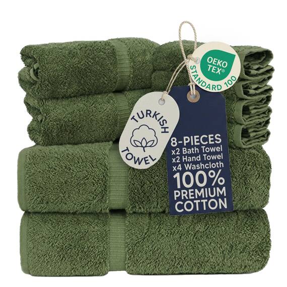 Towel Bazaar Türkische Handtücher aus Premium-Baumwolle, superweich und saugfähig, 8-teiliges Handtuch-Set, Moosgrün