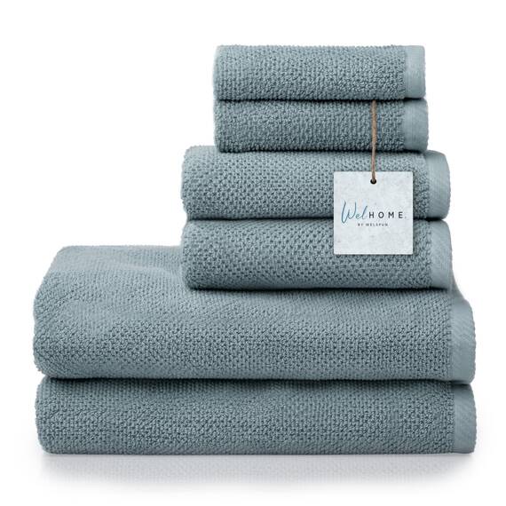 Welhome Franklin 100% Cotton Textured Towel (Dusty Blue) - Set of 6 - Highly Absorbent - Combed Cotton - Durable - Low Lint - 600 GSM - Machine Washable : 2 Bath Towels - 2 Hand Towels - 2 Wash Towels