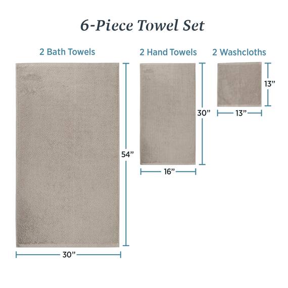 Welhome Franklin 100% Cotton Textured Towel (Flax) - Set of 6 - Highly Absorbent - Combed Cotton - Durable - Low Lint - 600 GSM - Machine Washable : 2 Bath Towels - 2 Hand Towels - 2 Wash Towels